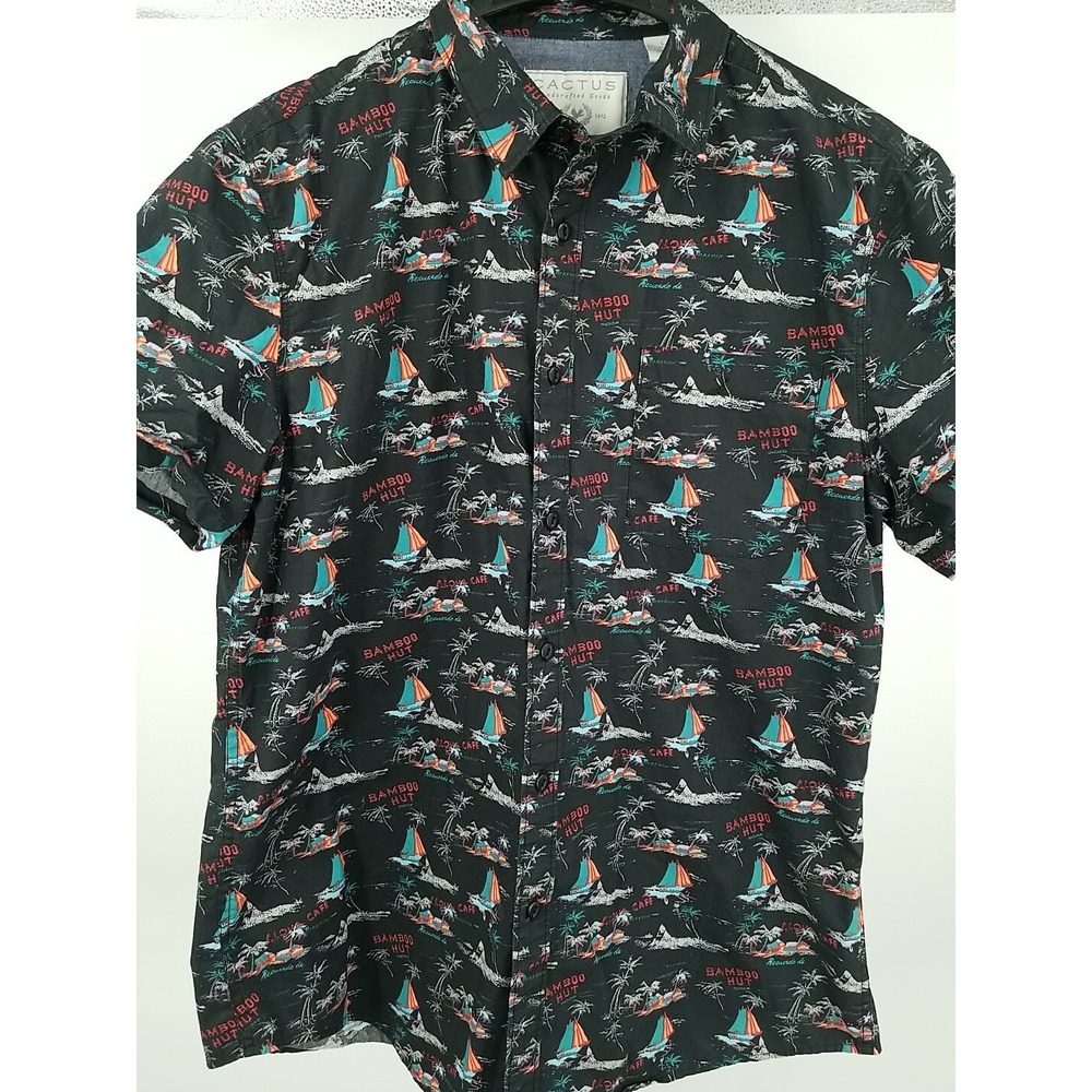 Cactus Mens Short Sleeve Button Up Shirt Size Large L Hawaiian Style Bamboo Hut‎